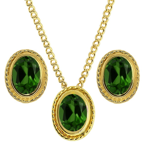 Gem Stone King 2.10 Cttw Green Chrome Diopside 18K Yellow Gold Plated Silver Pendant Earrings Set for Women | Gemstone Birthstone | Oval 7X5MM | With 18 inch Chain