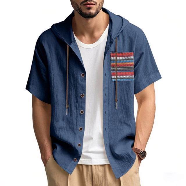 Ceisia Men's Relaxed Fit Cotton Linen Hooded Shirts | Short Sleeve Button Down Casual Shirts | Summer Beach Tops Gift