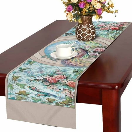 

MKHERT Watercolor Peacock and Flowers Table Runner For Wedding Party Decoration Kitchen Decor Decoration 14x72 inch