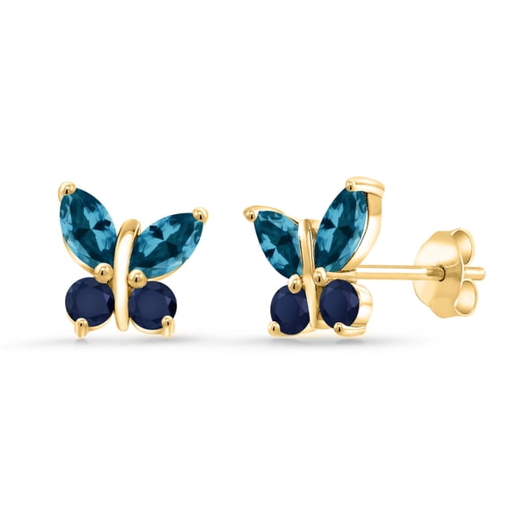 18K Yellow Gold Plated Silver Marquise London Blue Topaz and Blue Sapphire Butterfly Earrings for Women (1.72 Cttw, Gemstone November Birthstone, Center Stone: 6X3MM, Small Stones: 3MM)