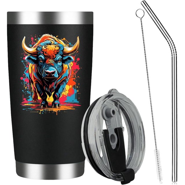 Colorful Cow Tumbler Black 20 Oz Stainless Steel Insulated Tumbler - Watercolor Tumbler - Son,Daughter,Child Gifts - Birthday,Back to School Gifts