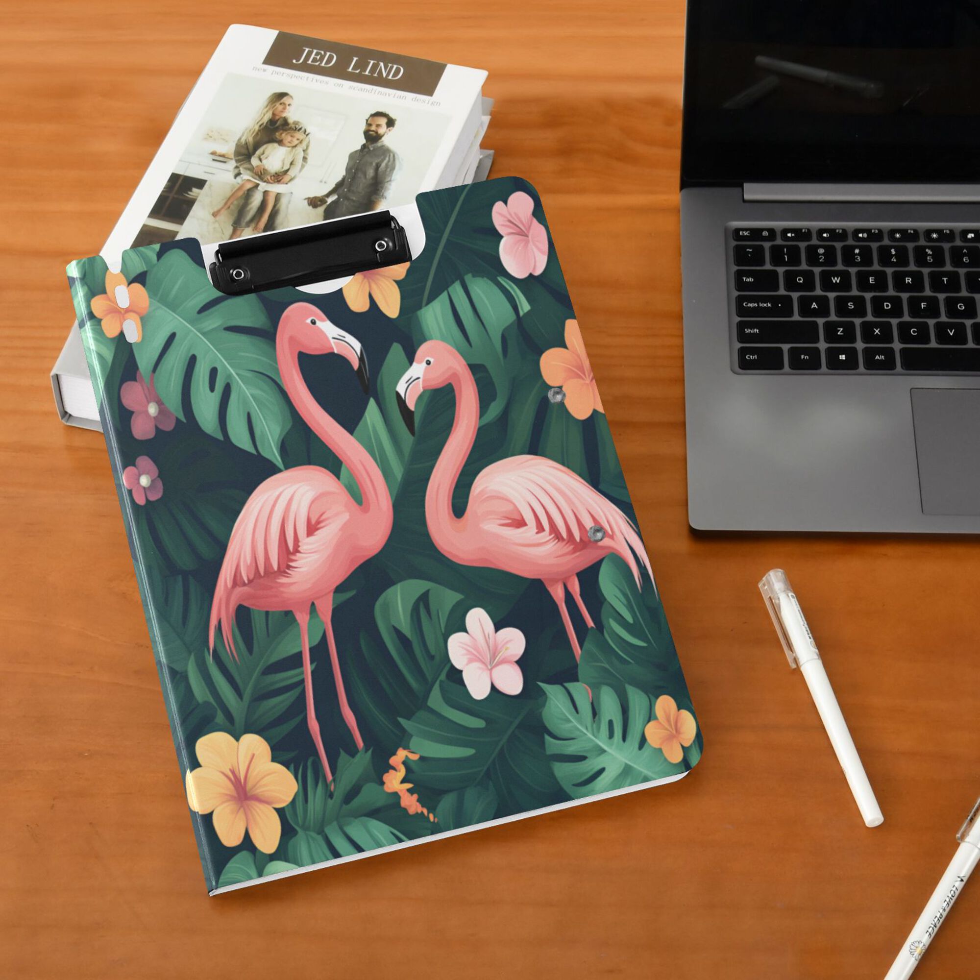 FORMRS A4 Clipboard Folder with Pen Holder Horizontal Foldable School Office Binder, Flamingo Leaves Pattern