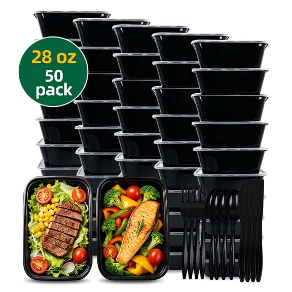 Hima Shilajatun Disposable Meal Prep Containers with Lids, 28 oz, 50 Pack, Black Plastic To Go Food Boxes with Cutlery