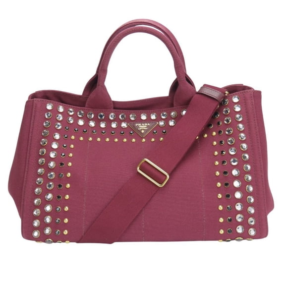 Pre-Owned Prada Tote Bag Canapa B2642O Studded Canvas Amaranth Wine Red Shoulder... (Good)