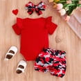 thumbnail image 2 of kaprioy Toddler Baby Girls Summer Outfits 0 3 6 9 12 18 Months Leopard Heart Pattern Ruffle Romper + Camouflage Bowknot Short + Headband Set Toddler Girl Clothes, 2 of 4
