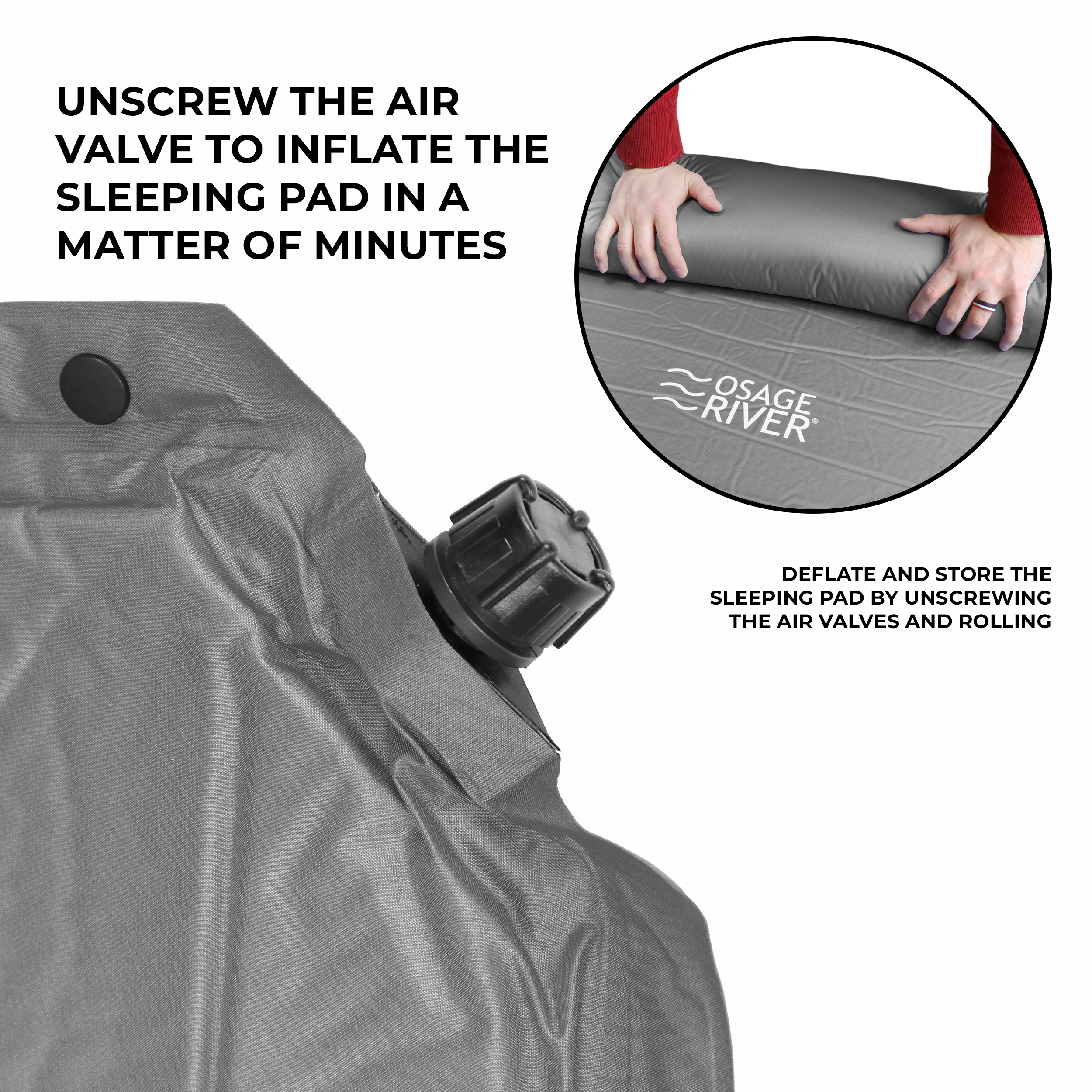 OSAGE RIVER Self Inflating Sleeping Pad with Built-in Pillow, Compact Memory Foam Sleep Mat, Camping Air Mattress for Tent, Travel, Backpacking, or Hiking, Grey - image 4 of 6