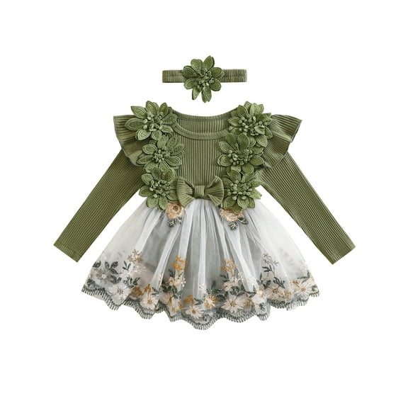 BemeyourBBs Baby Girl Fall Outfits Flower Embroidery Skirt Romper with Headband