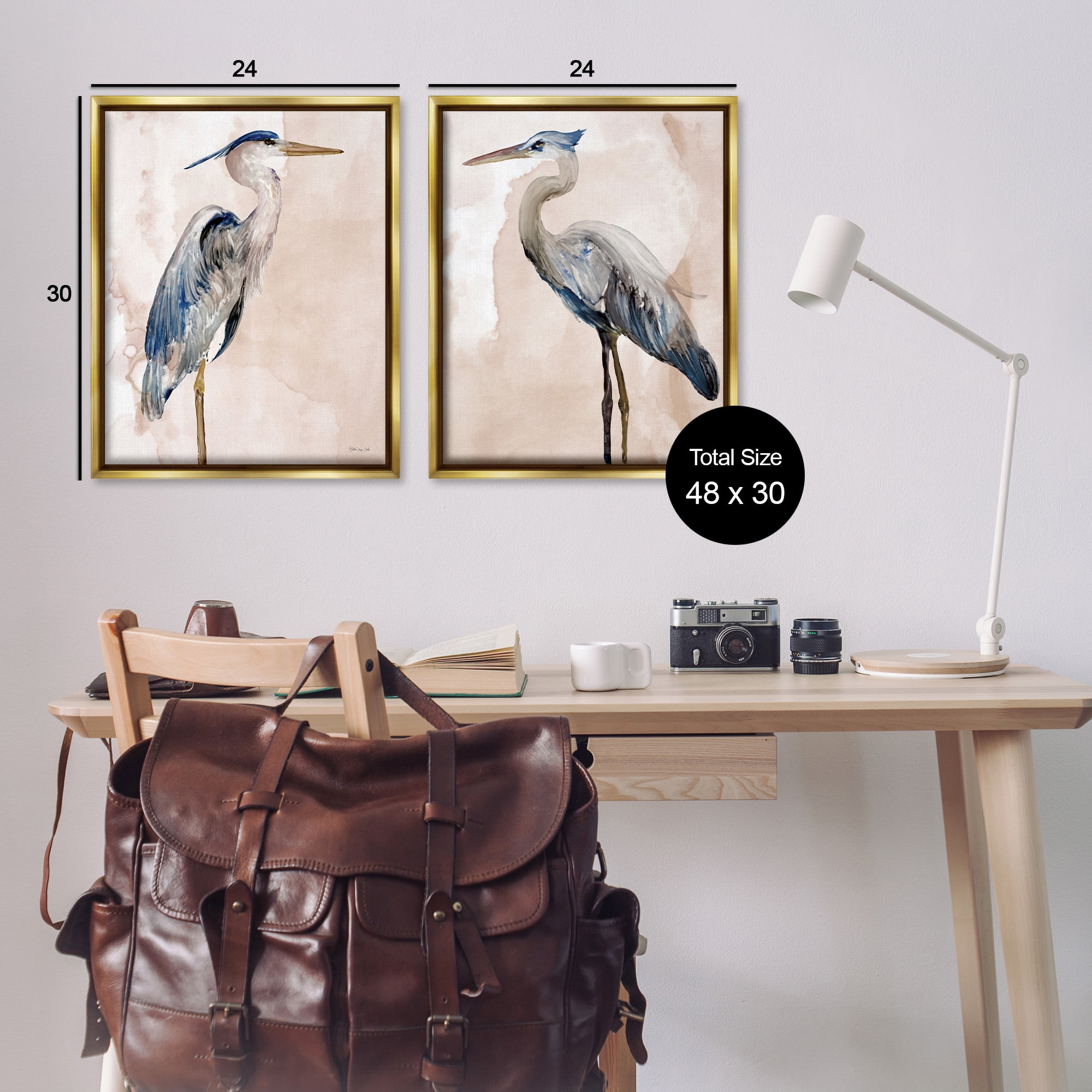Stupell Industries Beautiful Heron Birds Standing Watercolor Animals & Insects Painting Gold Floater Framed Canvas Art Print Wall Art, 25 x 31, Set of 2