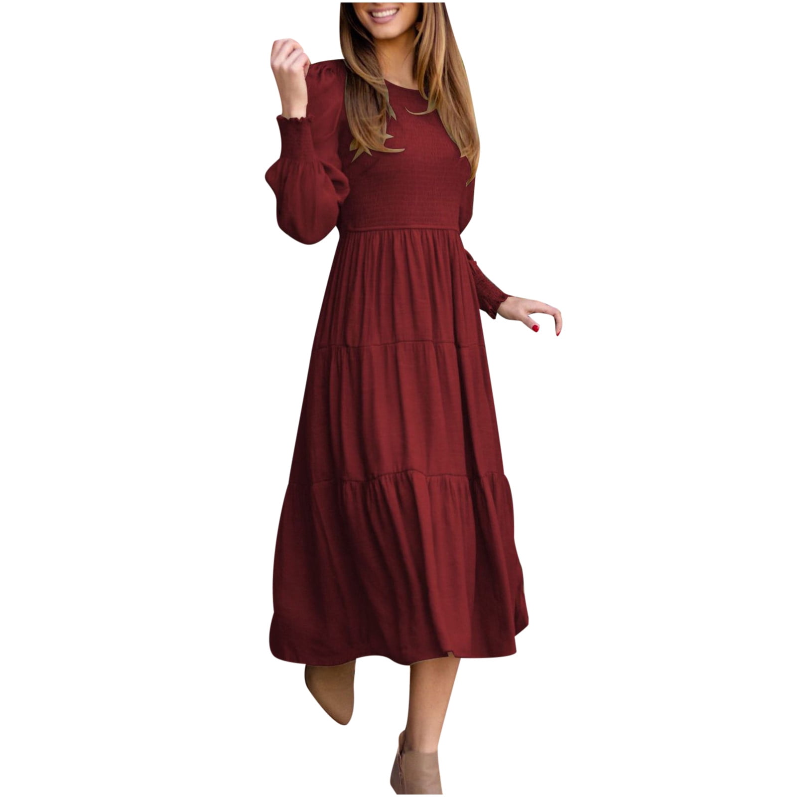 OKBOP Womens Modest Winter Dresses-Polo Fashion Casual Solid Round-Neck High  Waist Long Sleeve Mid Calf Dress Sundress Summer - Walmart.com