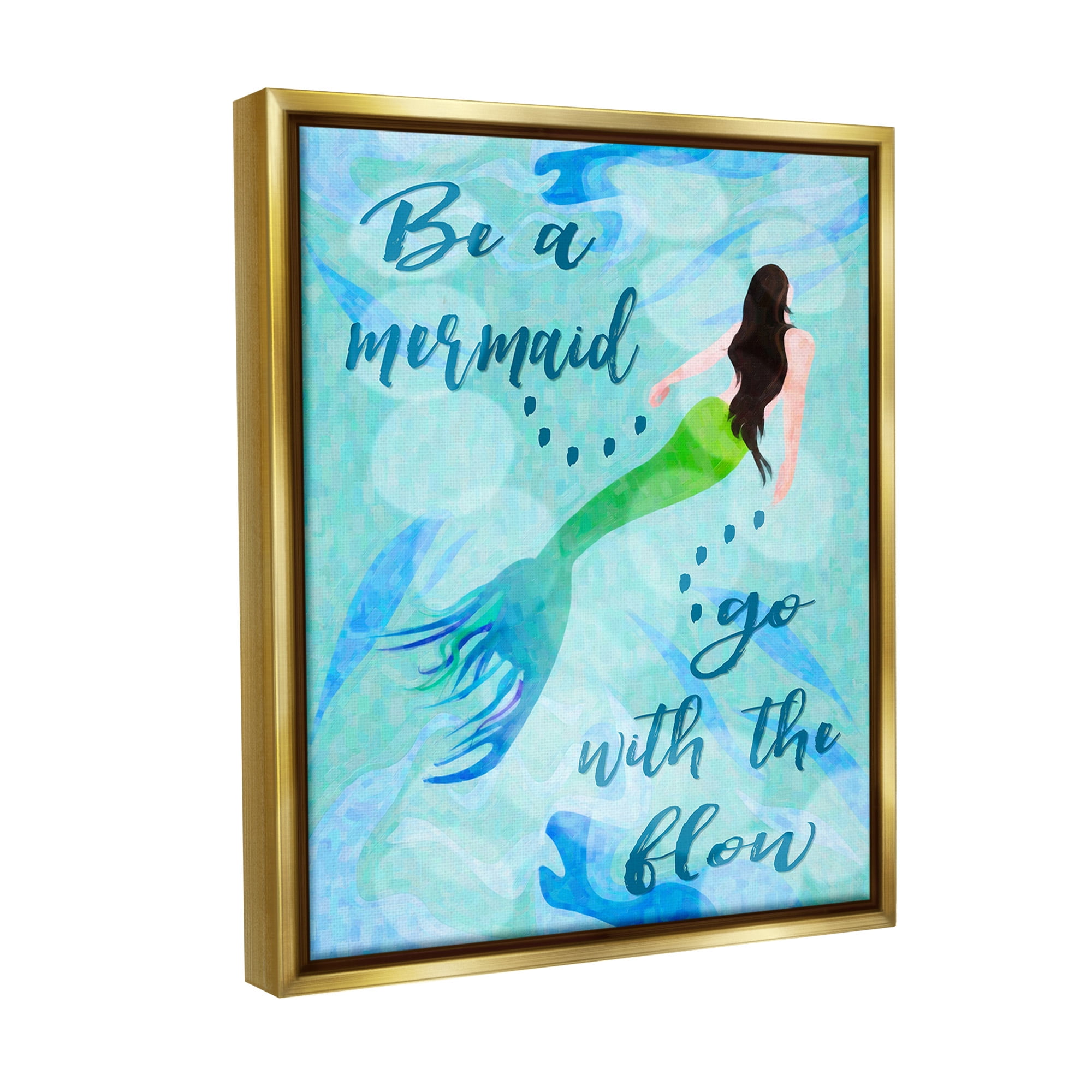 Stupell Industries Go With Flow Mermaid Abstract Painting Gold Floater Framed Canvas Art Print Wall Art, 25 x 31
