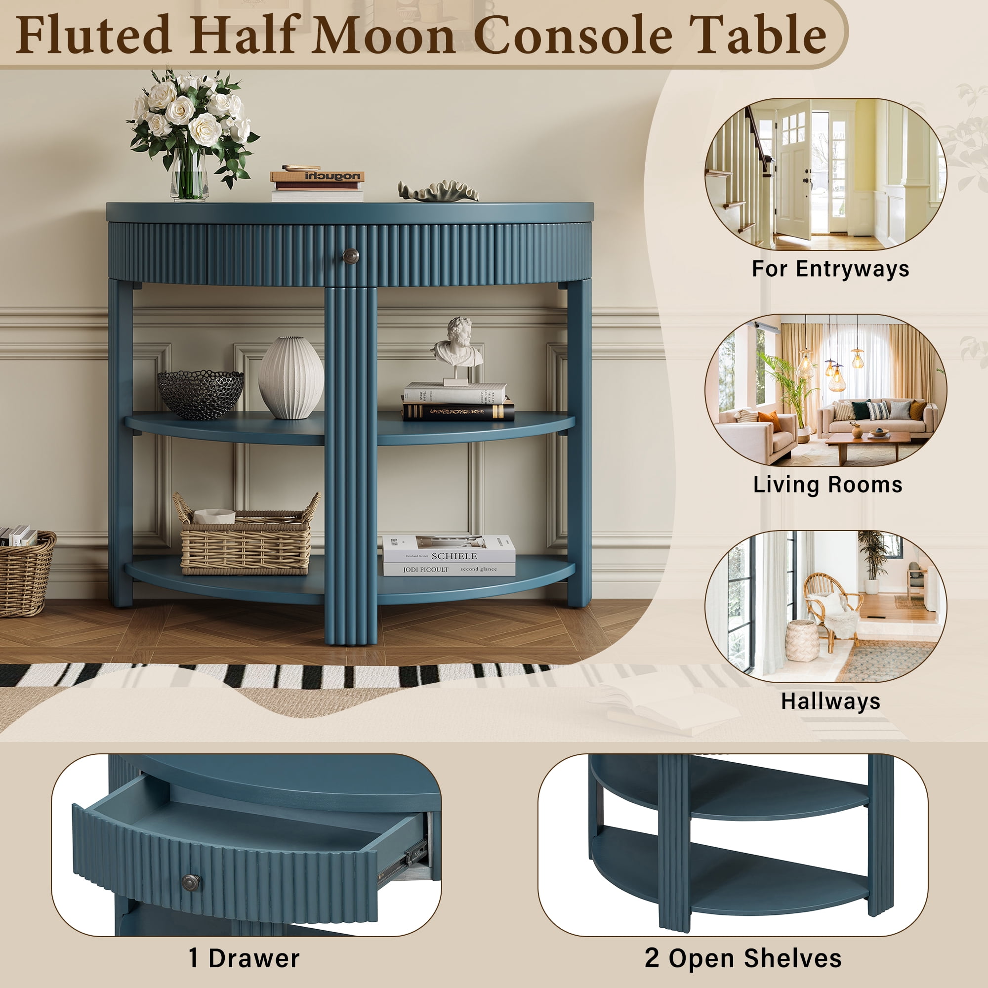 Euroco 3-Tier Half Moon Console Table with 1-Drawer, Fluted Entryway Table with Open Storage Shelves for Living Room, Hallway, Foyer,Navy