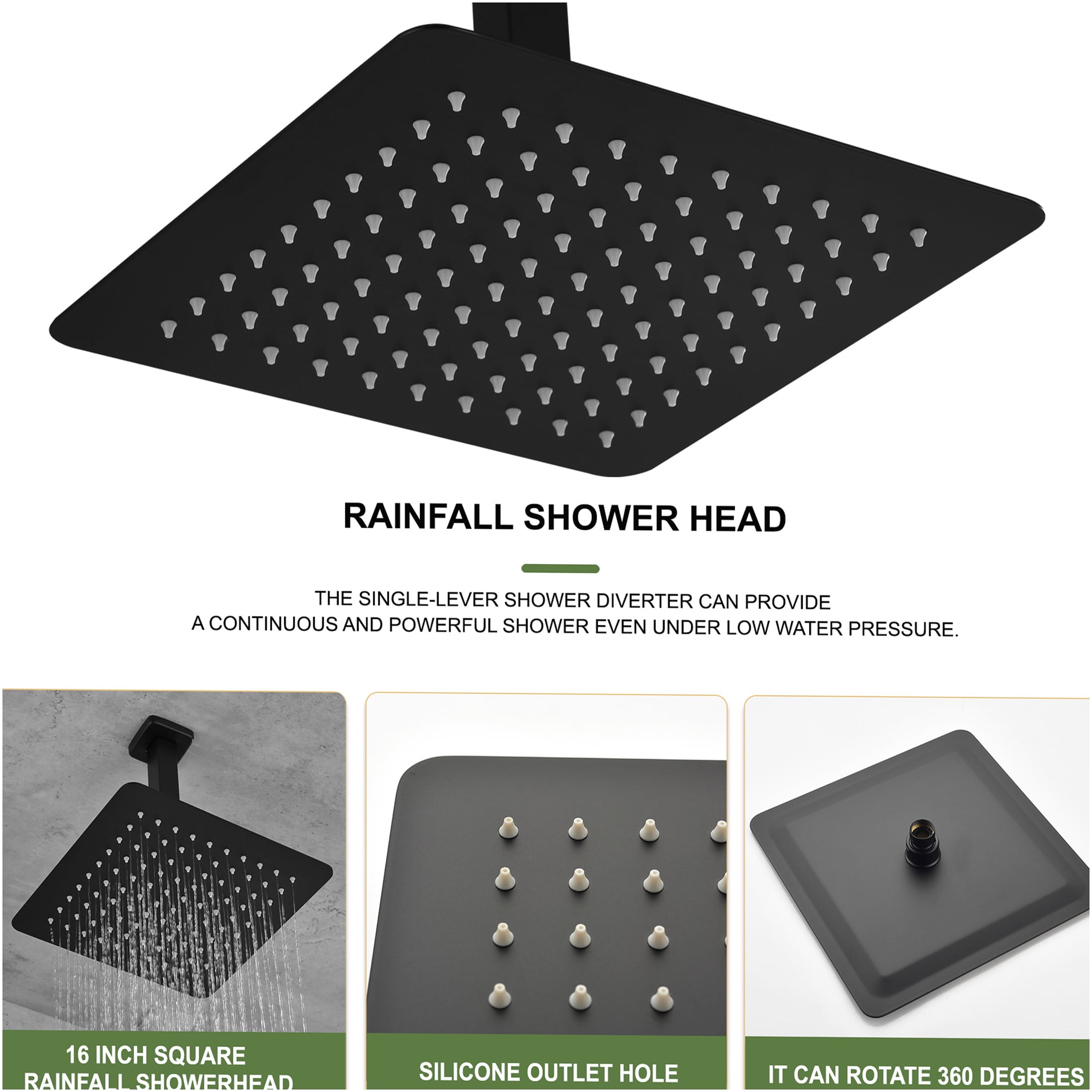 JERFIT 16 Inch Large Square Rain Shower Head, Matte Black Stainless Steel, High Pressure Rainfall Showerhead with Self-Cleaning Nozzles, Easy Installation