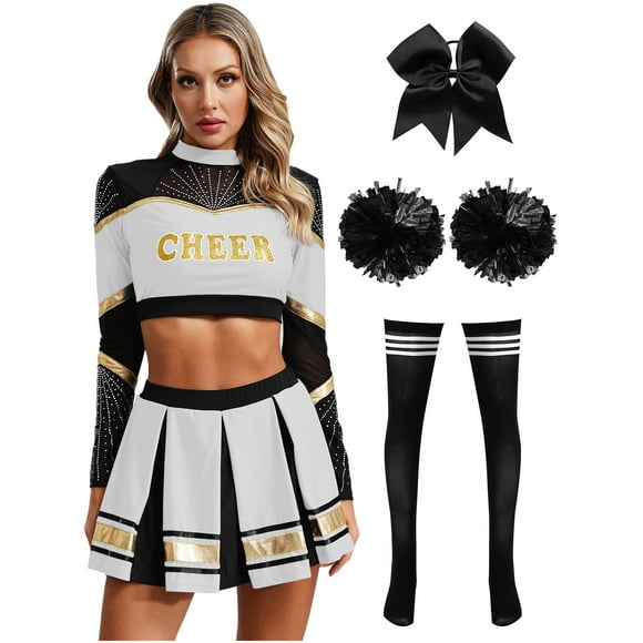dPois Womens Cheerleading Outfit Costume Cheer Leader Uniform Long Sleeves Crop Top with Skirt White&Black M