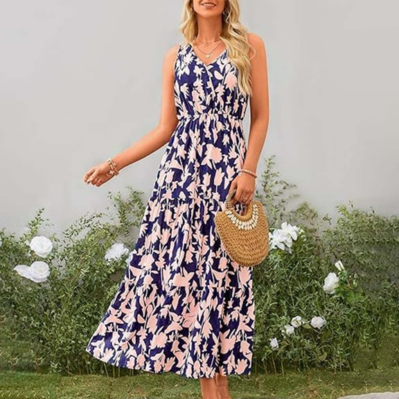 Ayolanni Holiday Dresses for Women Navy V-Neck Vacation Sleeveless Floral Print Maxi Dresses Teen Dresses L