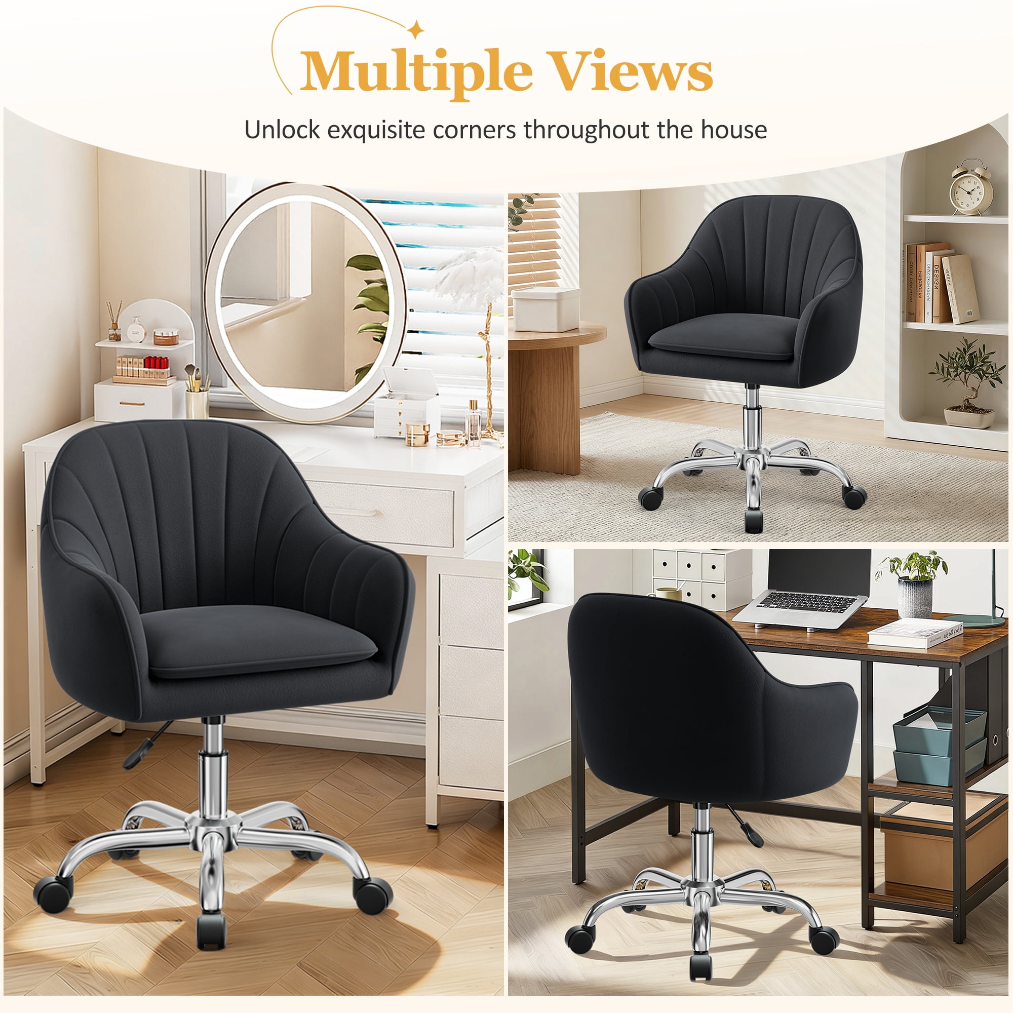 COOLHUT Office Desk Chair with Padded, Velvet Vanity Chair with Back and Wheels, Home Office Chiar with Sliver Legs, Height Adjustable, Rolling Chair for Vanity Room, Makeup Room, Bedroom, Black