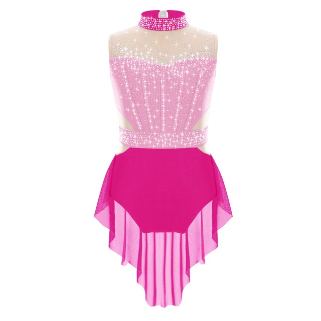 YONGHS Robe de Patinage Sans Manches pour Filles avec Strass, Jupe de Danse Lyrique, Justaucorps de Danse Rose&Rose Vif 6