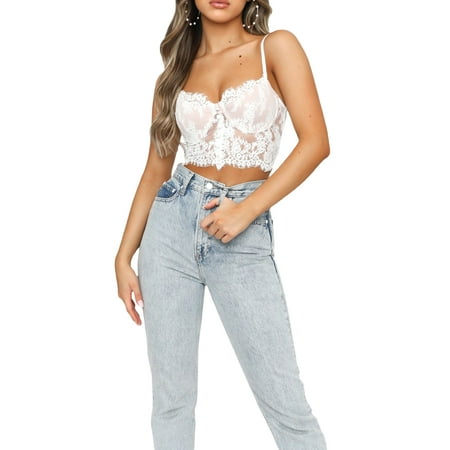 

Women Sexy Lace Patchwork Bustier Spaghetti Strap Crop Tops Slim Fit Sleeveless Backless Half Cami Bralette