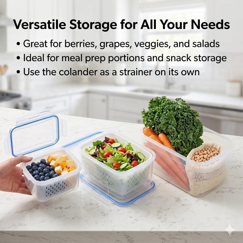 Fruit Vegetable Storage Containers for Fridge, 4 in 1 Food Storage Containers with Lids, Stackable Fruit Storag𝐞 Container𝐬, for Vegetables & Frui𝐭 Organization (B,3PC)