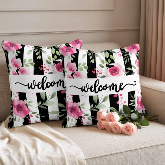 Outdoor Pillow Covers Welcome Words Pink Flowers Waterproof Pillow Cases 18x18 Set of 2, Country Black Line Throw Pillow Cover Pillowcase for Patio Balcony Couch Garden