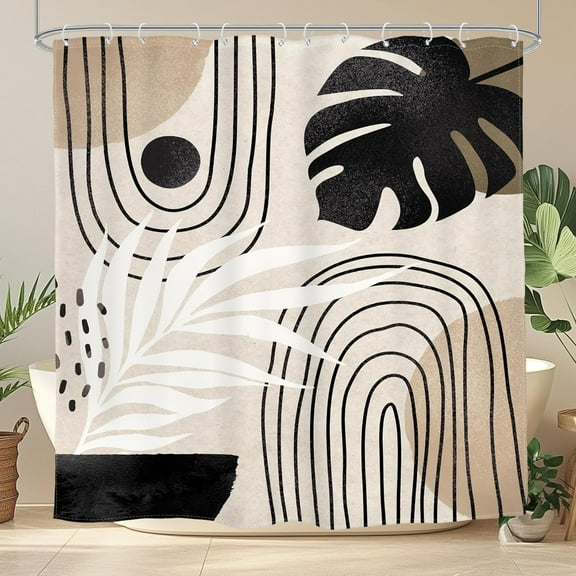 Boho Black Brown Beige Shower Curtain Modern Mid Century Tropical Palm Leaf Bathroom Minimalist Geometric Arch 72Wx72L Inches Bath Accessories Art Home Decor Fabric 12 Pack Hooks