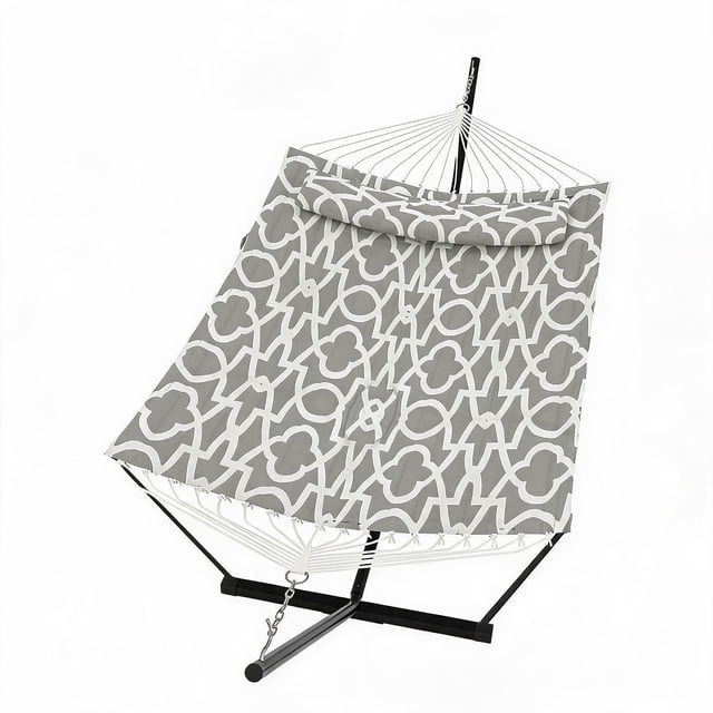 Outdoor Double Hammock Set,2 Person Outdoor Hammock with Stand & Pillow,450 lbs Capacity, Weather-Resistant, Balance Rope for Outdoor Patio Backyard Poolside
