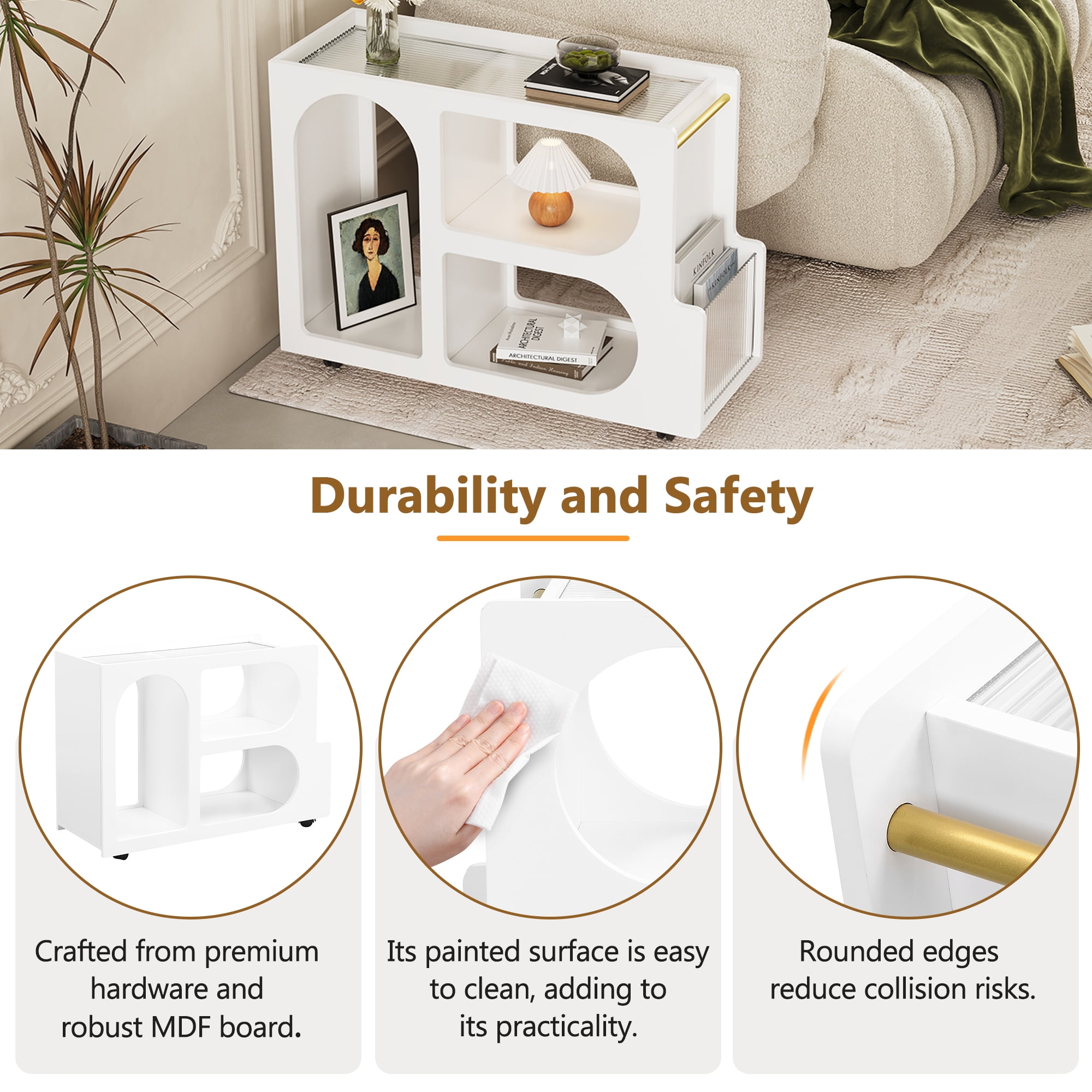MAYEERTY Mobile End Table with Lockable Wheels, Narrow Coffee Table, Modern Nightstand for Living Room, White