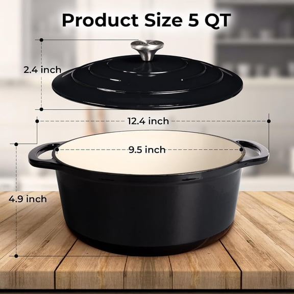 5 Quart Enameled Cast Iron Dutch Oven Pot with Lid – Premium Durability & Oven Safe up to 500°F – Heavy Duty Cookware Perfect for Bread Baking, Stews, Braising & Roasting – Black