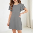 thumbnail image 5 of Fesfesfes Girls' Summer Solid Color Short Sleeve Crew Neck Elastic Waist Dress Casual Comfortable Dress for Kids A-line Ruffle Sleeve Casual Dress 5-15 Years, 5 of 6