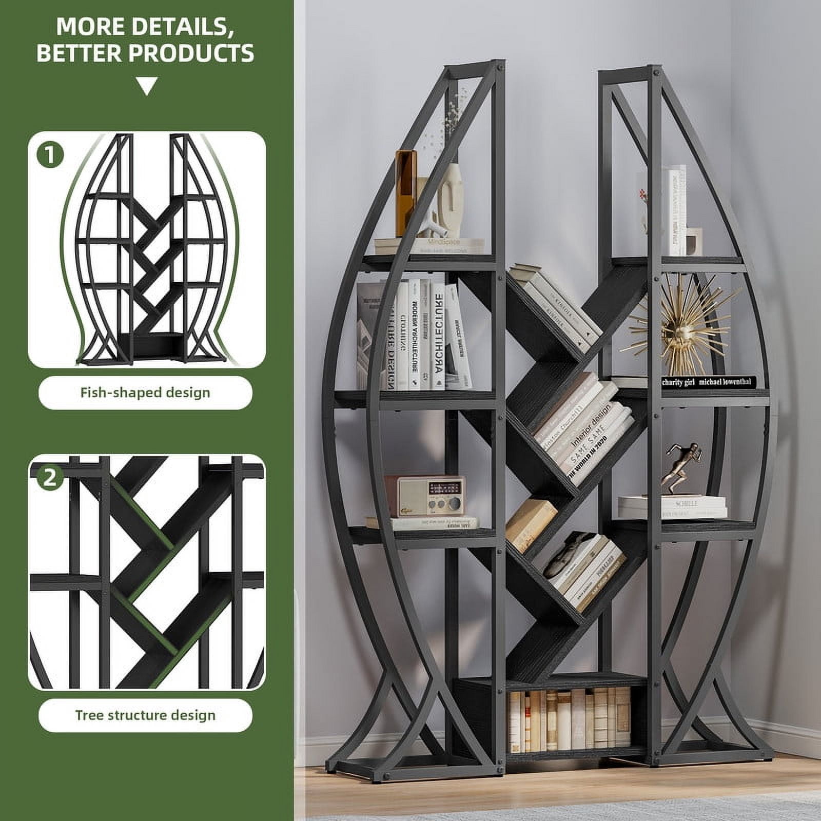 Uforic 5 Tier Bookshelf, Industrial Etagere Bookcase, Oval Bookshelf, Large Display Shelves for Living Room, Home Office, Black