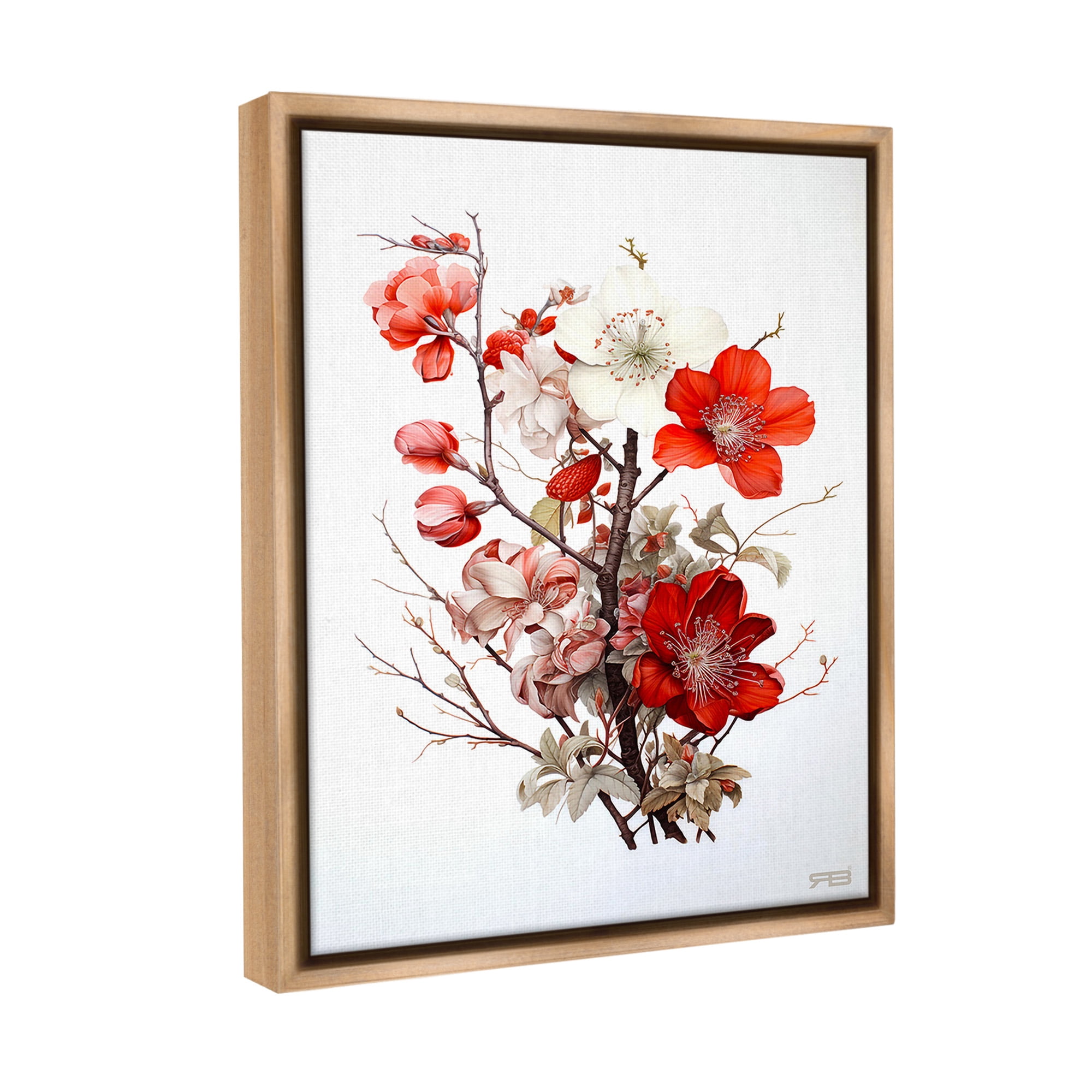 Stupell Industries Red Flower Branches Botanical & Floral Painting Brown Floater Framed Canvas Art Print Wall Art, 17 x 21