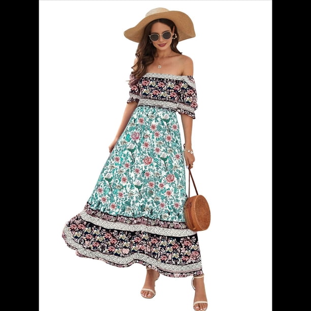 Vestido Informal, Fluido, con Estampado Floral Bohemio, Hombros Descubiertos, para Mujer (Verano 2025) Verde M