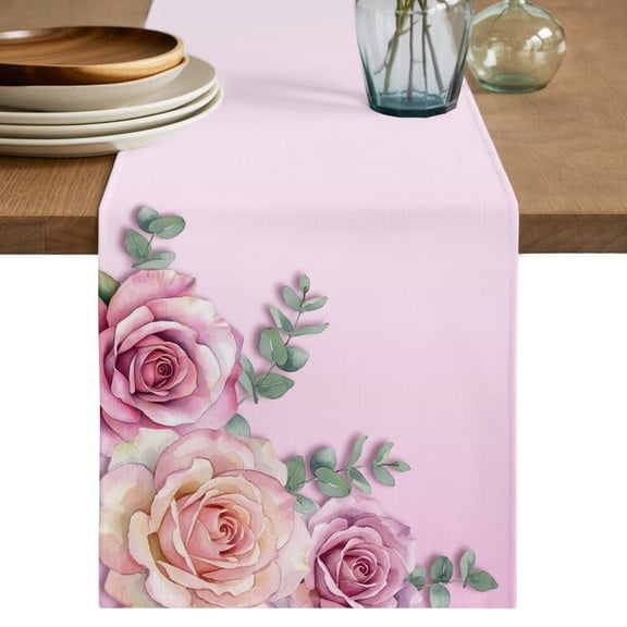Table Runners 70 Inches Long Dress Scarves, Roses Floral Farmhouse Coffee/Dining/Kitchen Table Decor, Holiday Table Runner, Rustic Eucalyptus Leaves Blossom Pink Gradient 13x70 Inch