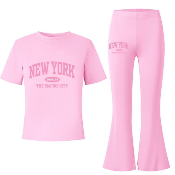 Xijirk Girls Outfits Summer Casual Set Letter Print Short Sleeve Top with Flare Leg Pants Fashion Two Piece Outfit for Toddler and Playful Daily Wear and Outdoor Fun,Pink,10-11 Years