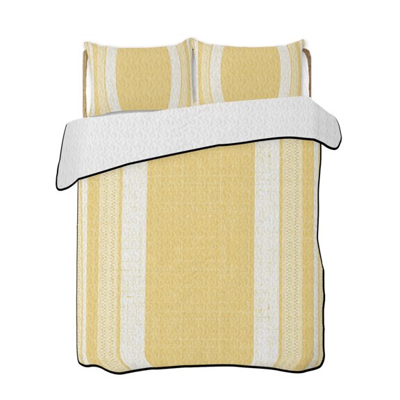 Quilts Queen Size Bedding Set, Vintage Pale Yellow Striped Reversible Summer Quilt 3 Pieces, Farmhouse Modern Stripes Boho Lightweight Bedspreads Coverlets with 2 Pillow Shams for All Seasons
