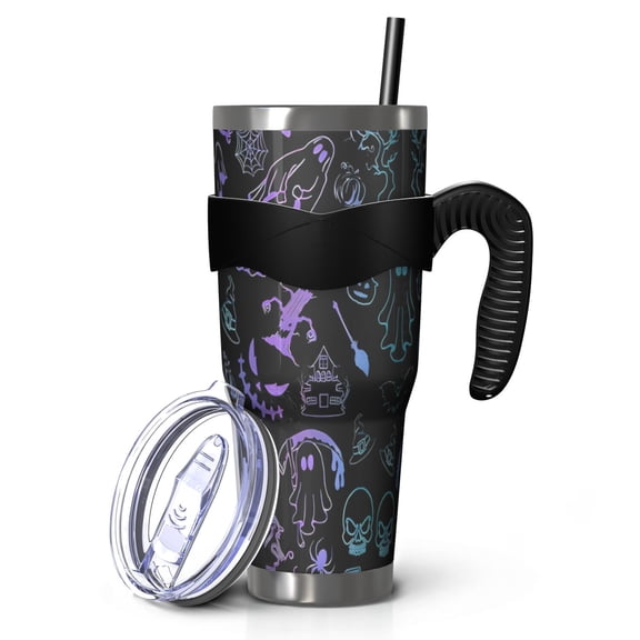 40oz Tumbler,Black Halloween Ghost Spider Pattern Insulated Tumblers with Removable Handle,Stainless Steel Double Vacuum Coffee Tumbler Cup with Straw for Home,Office,Travel,Party