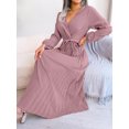 thumbnail image 5 of Women's Long Sleeve V-Neck Elegant Dresses for Women Robe with Belt Solid Crisscross Pleated Long Max Dress Mature, 5 of 7