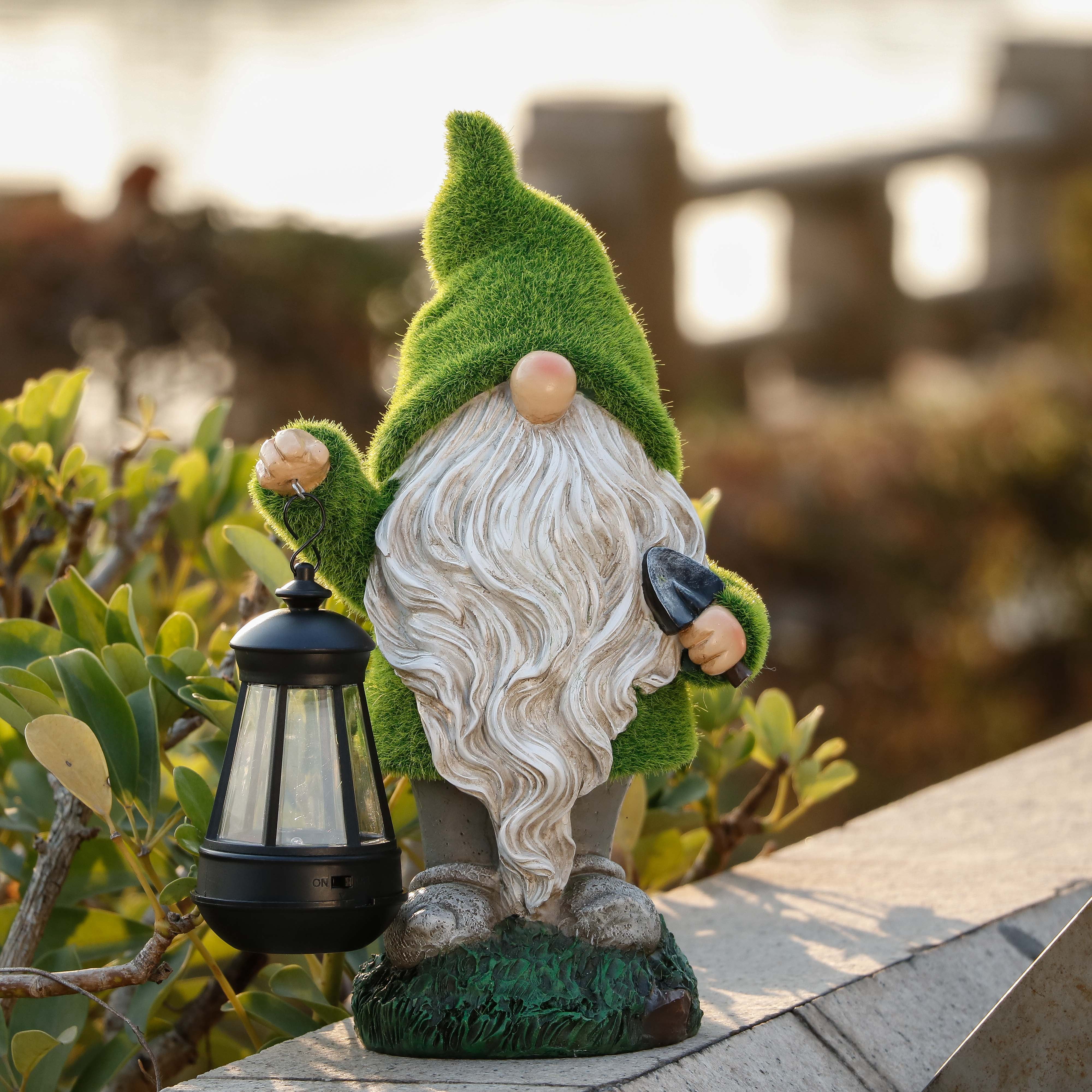 Teresa's Collections 11.81 inches Gnome Garden Statue, Solar Garden Gnome Statue Outdoor Decoration for Porch Patio Lawn Garden Yard Decor, Gifts for Mom