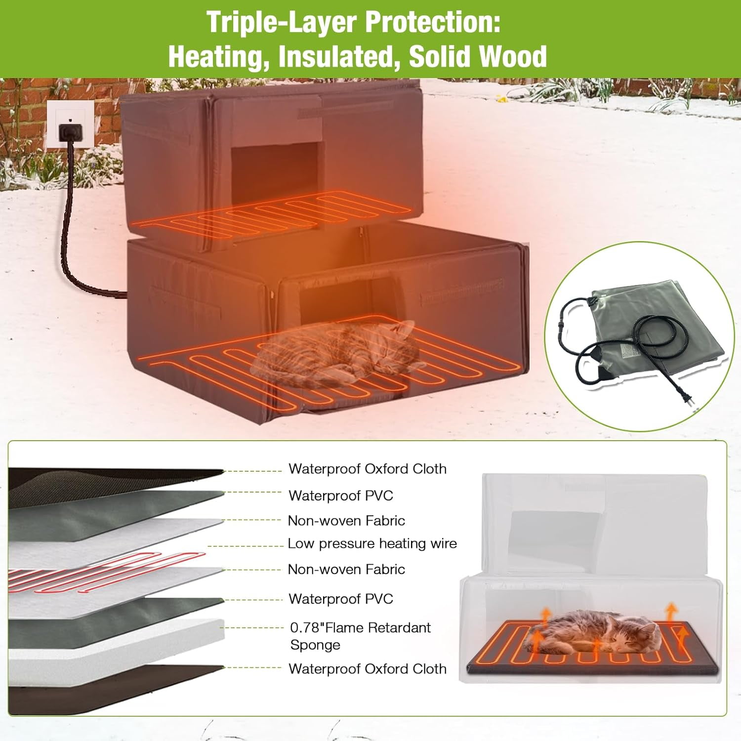 Aivituvin Heated Cat House for Outside, 2-Story Wooden Cat House Weatherproof for Winter Outdoor Feral Cat Shelter with Heater and Insulated Liner, Brown