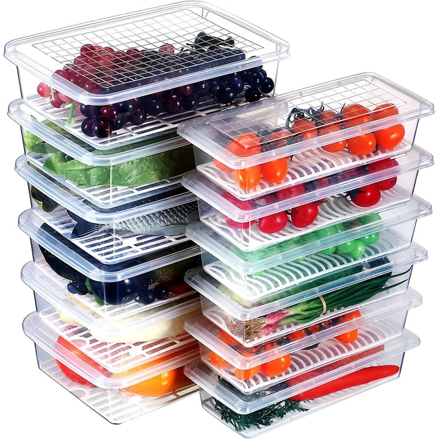 12 Packs Food Storage Containers for Fridge Plastic Refrigerator Organizers with Removable Drain Plate and Lid Stackable Produce Containers to Keep Fruits, Vegetables, Meat