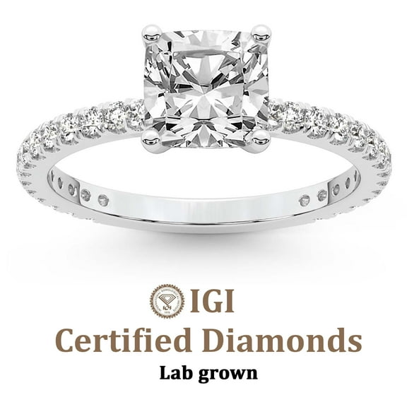 2 Carat IGI Certified Cushion Shape Lab Grown Diamond Engagement Ring | 14K White Gold | Emily Eternity Lab Diamond Ring | FG-VS1-VS2 Quality Friendly Diamonds