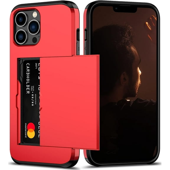 for iPhone 13 Pro Max Case with Card Holder Heavy Duty Protective Dual Layer Shockproof Hidden Card Slot Slim Wallet Case for iPhone 13 Pro Max for Women&Men(Red)