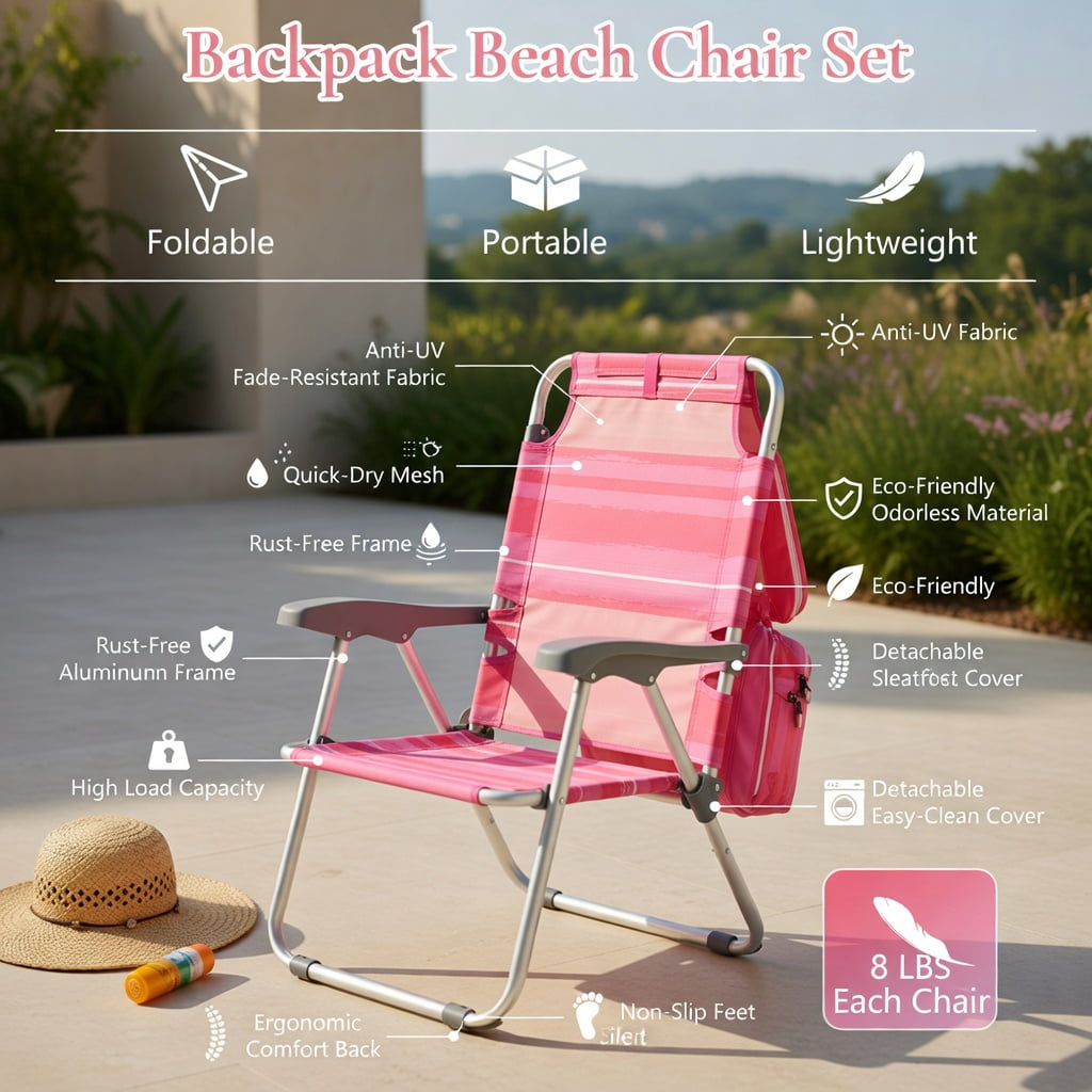 Hommoo 2-Pack Foldable Beach Chair with Adjustable Backrest, Head Pillow & Carry Bag, Hot Pink