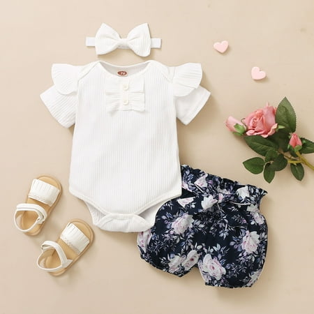 

AURIGATE Toddler Baby Girls Ruffle Romper Bodysuit+Floral Print Shorts Headbands Outfits Clearance