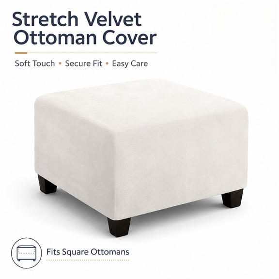 MORAVE Stretch Square Velvet Ottoman Covers, Ottoman Slipcover Square Footstool Protector Covers, Storage Stool Ottoman Covers with Elastic Bottom (Medium, Off White)