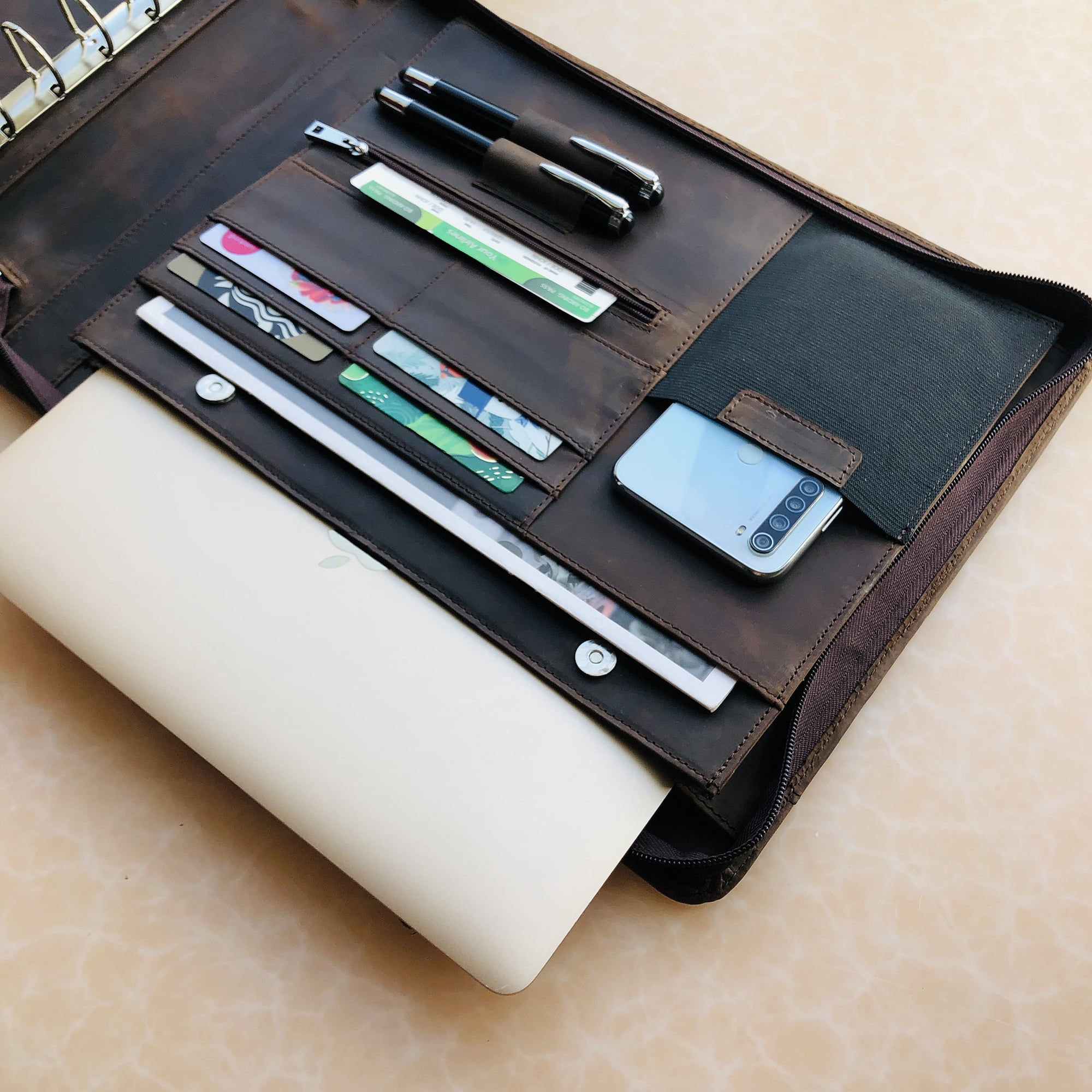 7 Ring Check Binder Cowhide Leather Check Portfolio for 3-Up Business Checks, Check Book Binder with Handle, Zippered Check Holder with 500 Check Capacity, Personalized Checkbook