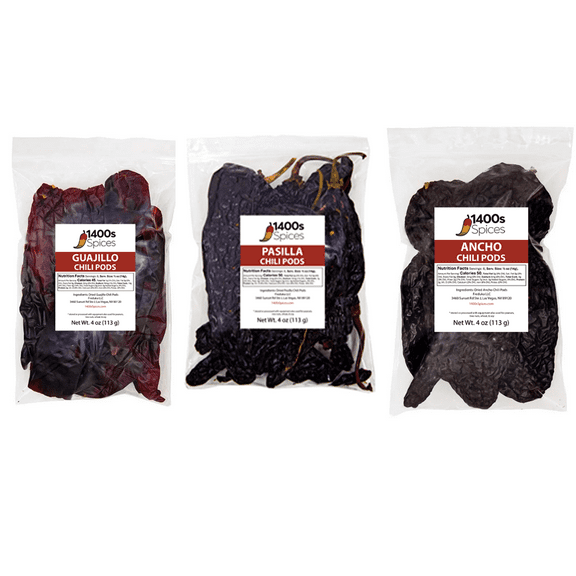 Dried Chiles Peppers 3 Pack Bundle (12 oz Total) - Chile Guajillo Stemless, Chili Ancho, and Pasilla by 1400s Spices