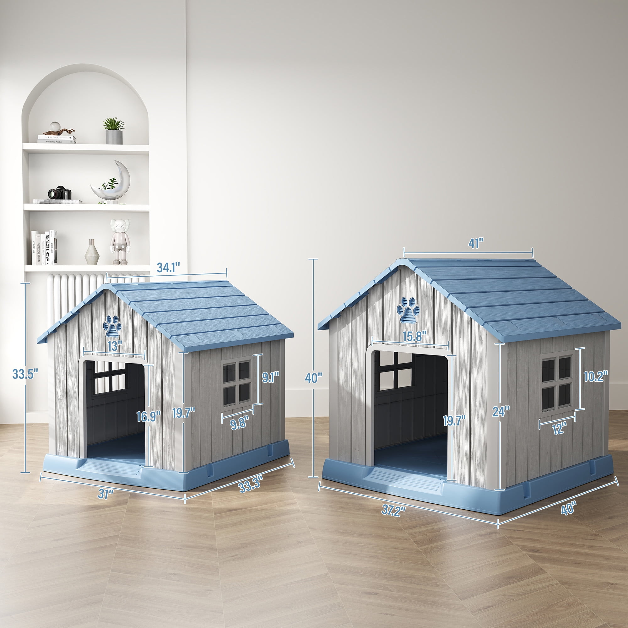 Nihsuao Dog House, Weatherproof Resin Dog House for Small Medium Dogs with Air Vents & Windows, Elevated Floor, Pet Shelter for Indoor & Outdoor, Blue ,31" L x 33.3" W x 33.5" H