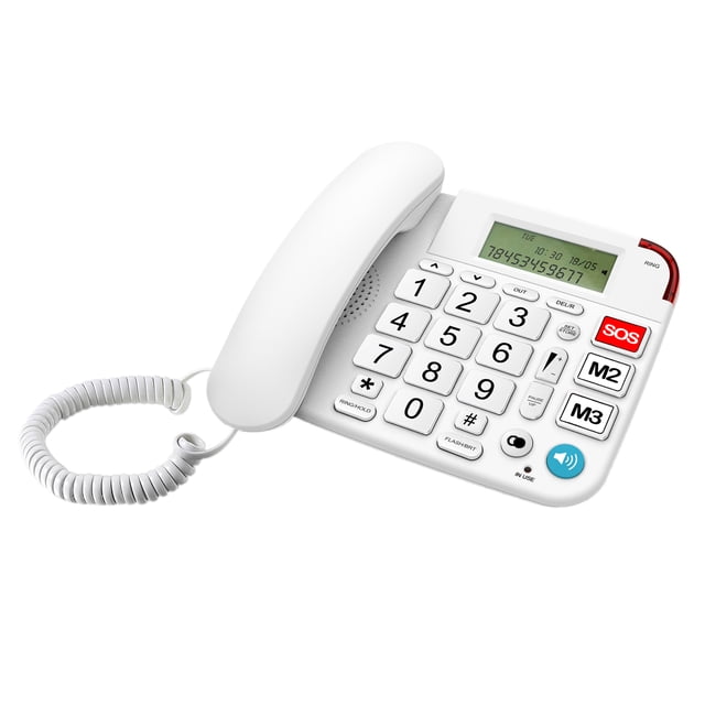 TSD-813 ABS Corded Landline Phone for Seniors with SOS Emergency Button, Large Buttons, 16-Digit LCD Backlit Display, Volume Control, 61 Incoming Call Memory, 16 Outgoing Number Storage - White (3*AA