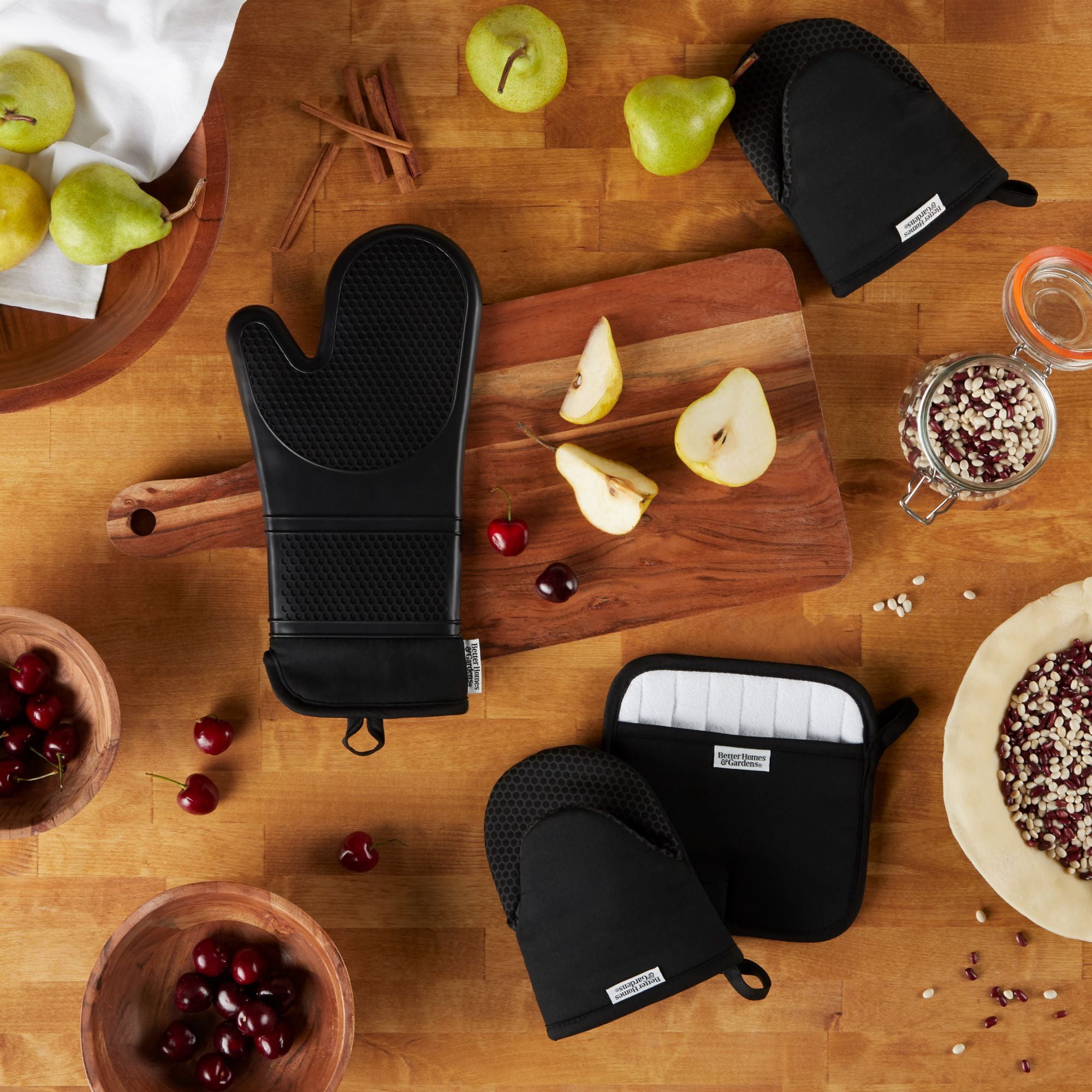 Better Homes & Gardens 4-Piece Oven Mitt, Potholder & Mini Mitt Set, Black