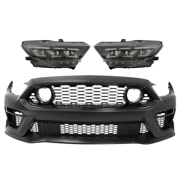 Ikon Motorsports Front Bumper Covers W/ Chin Lip   2024 Style Switchback Headlights Compatible with 2015-2017 Ford Mustang EcoBoost GT Mach 1 Unpainted PP Bumper Conversion W/ Fog Covers Grilles